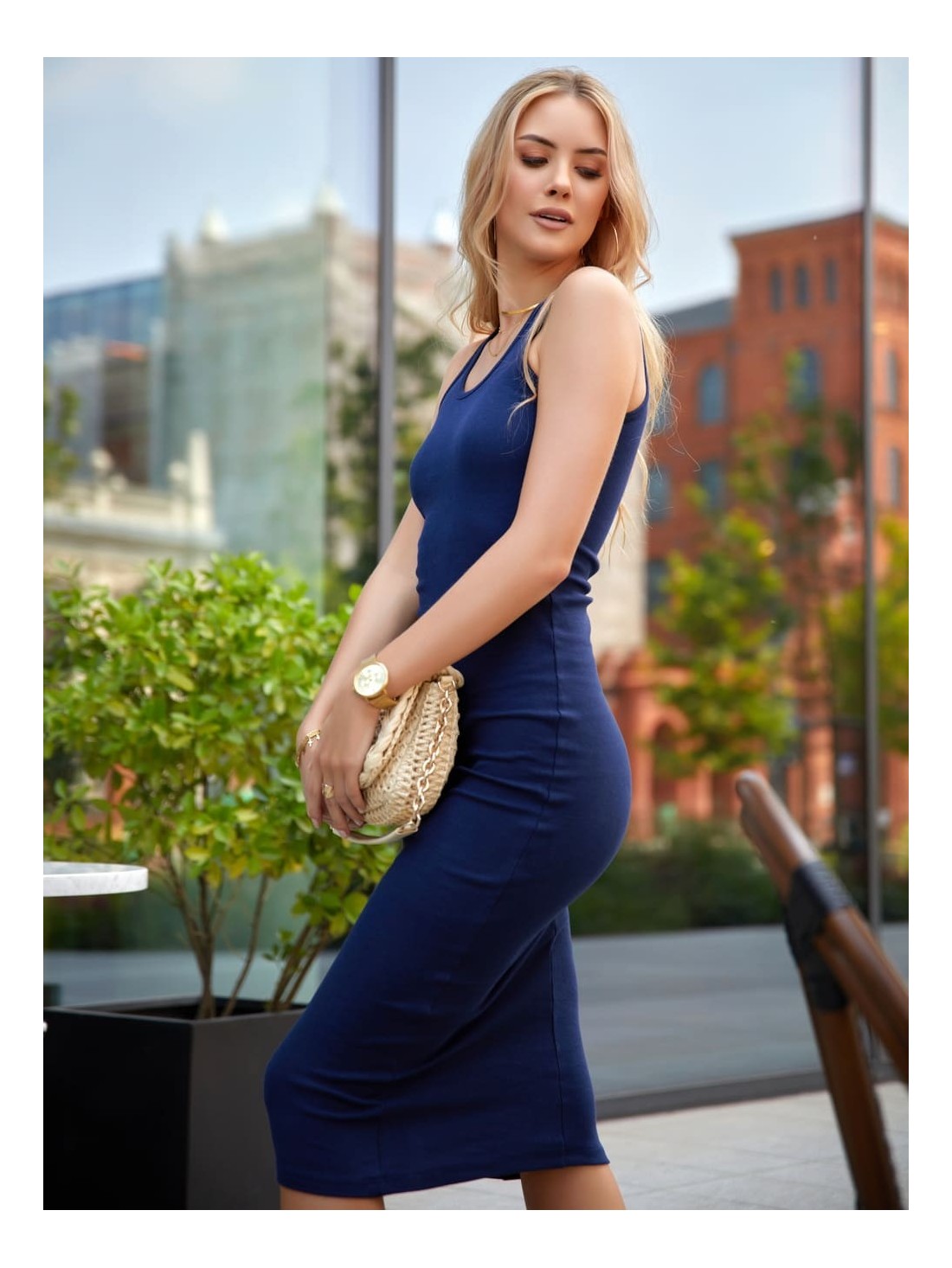 Fitted midi dress with straps - Navy blue - Online store - Boutique